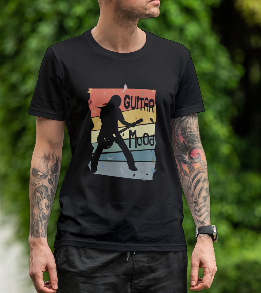 Guitar Mood Silhouette On Retro Rainbow Background T-Shirt