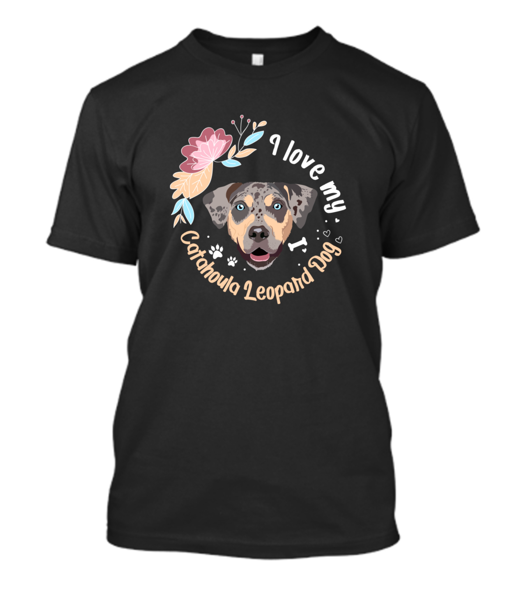 I Love My Catahoula Leopard Dog Floral Paw Print Hearts T-Shirt