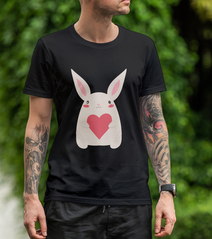 Lovely Cute Bunny Holding Heart Drawing T-Shirt