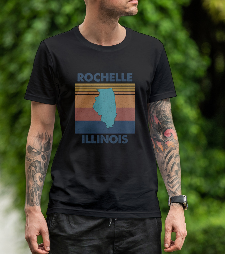 Rochelle Illinois Retro Map Outline Vintage Stripes T-Shirt