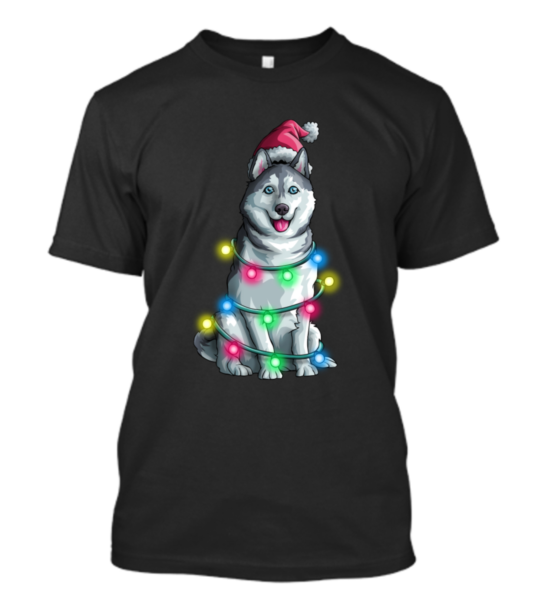 Siberian Husky Santa Christmas Tree Lights Holiday Season T-Shirt