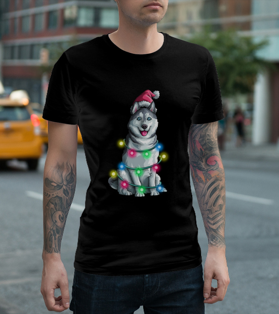 Siberian Husky Santa Christmas Tree Lights Holiday Season T-Shirt