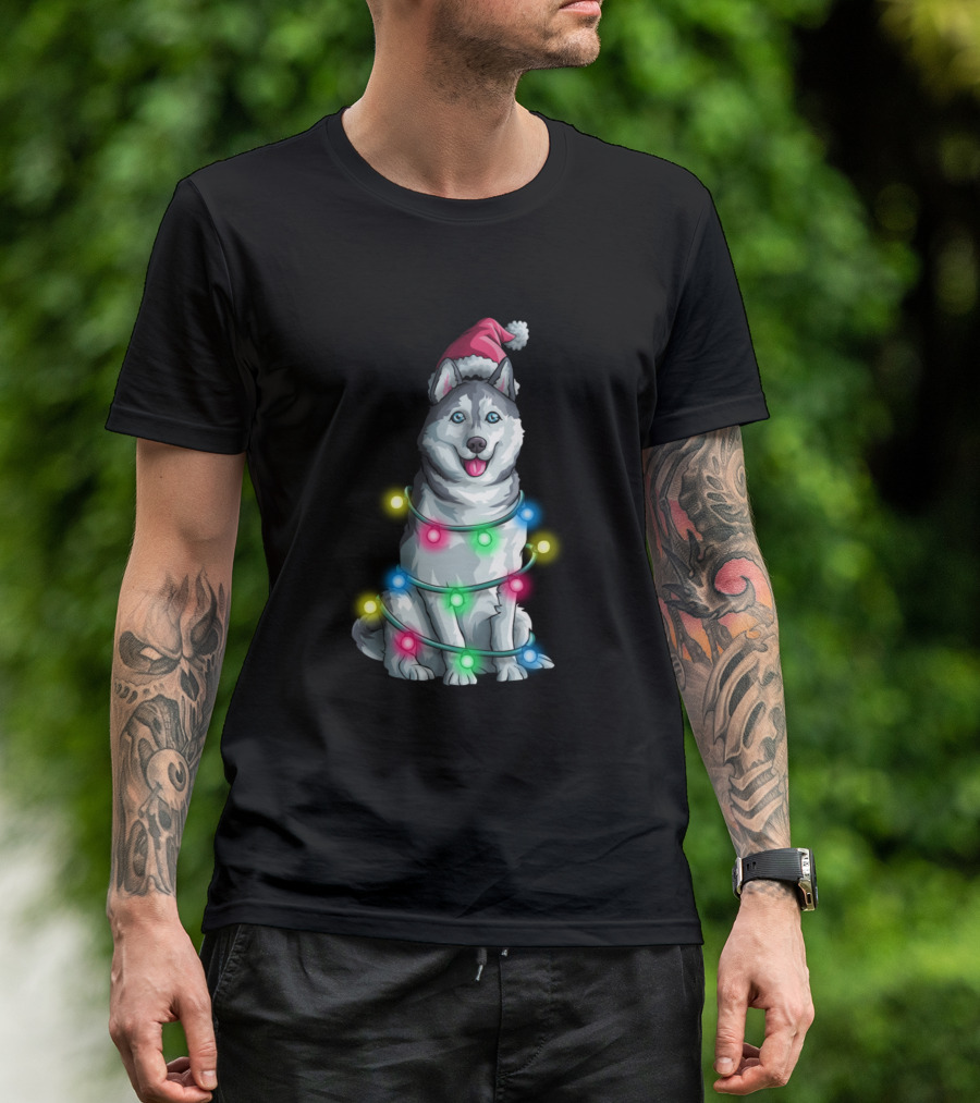 Siberian Husky Santa Christmas Tree Lights Holiday Season T-Shirt