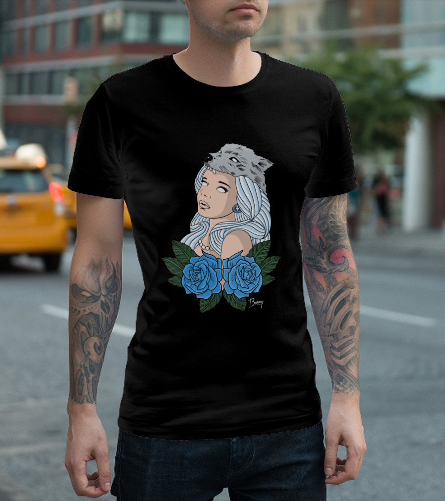 Woman Wolf Blue Roses Bunnyp T-Shirt