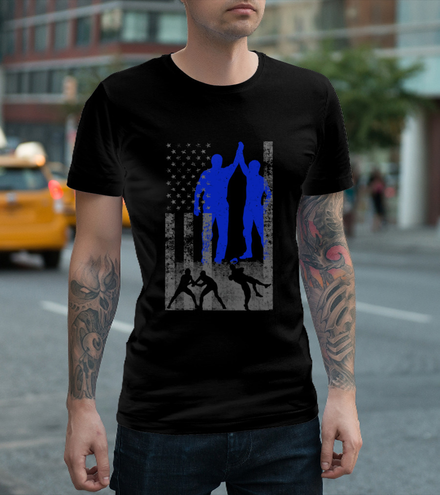 Wrestling USA Flag Blue Silhouette Male Wrestlers Victory Pose T-Shirt