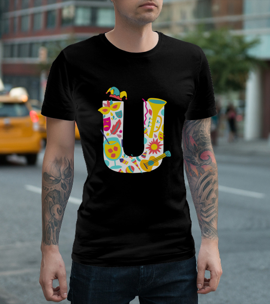 Mardi Gras Celebration Iconography in U-Shaped Typography T-Shirt
