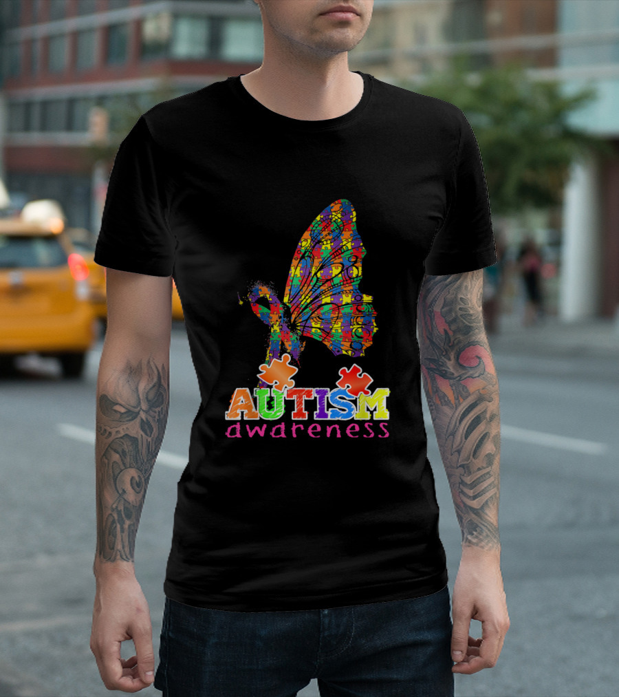 Autism Awareness Butterfly with Colorful Puzzle Pieces T-Shirt