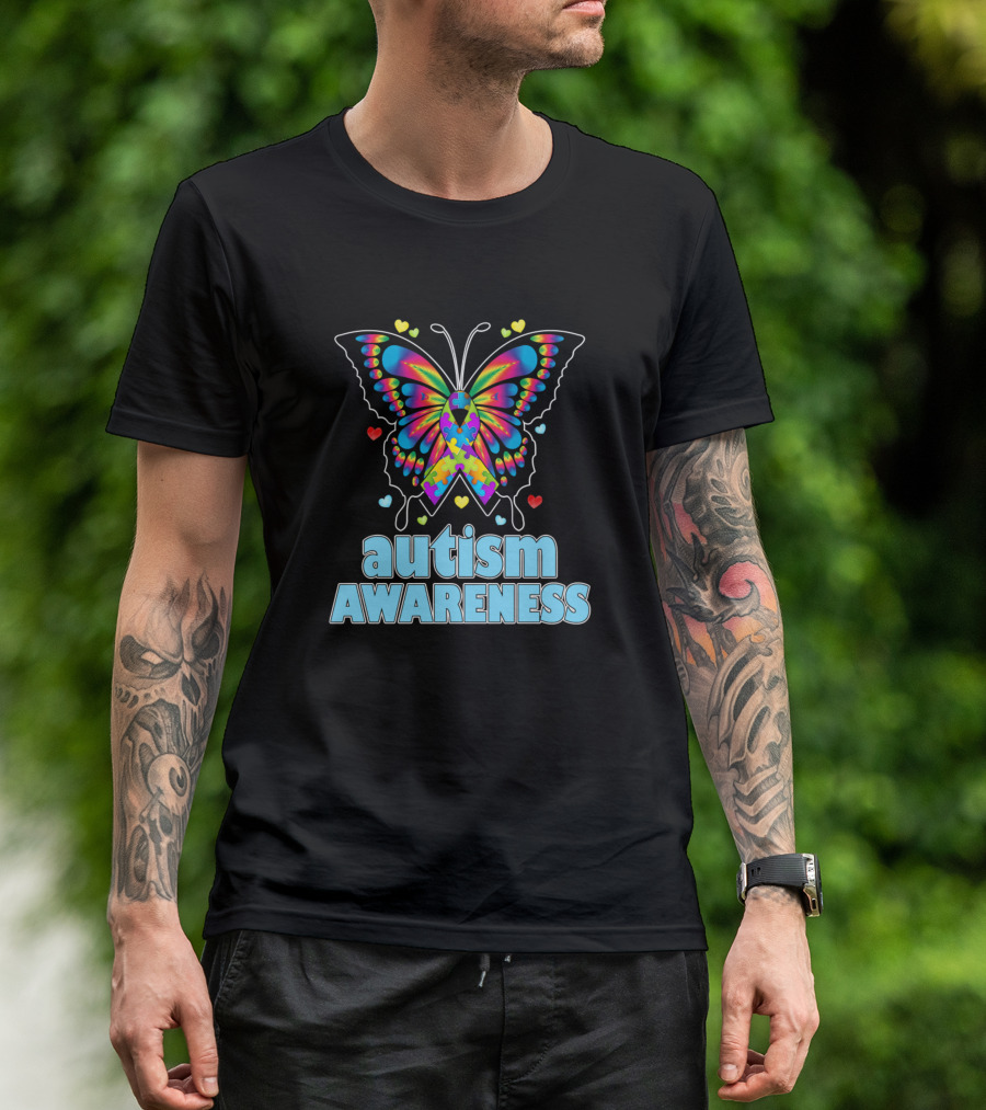 Autism Awareness Colorful Puzzle Butterfly With Hearts T-Shirt