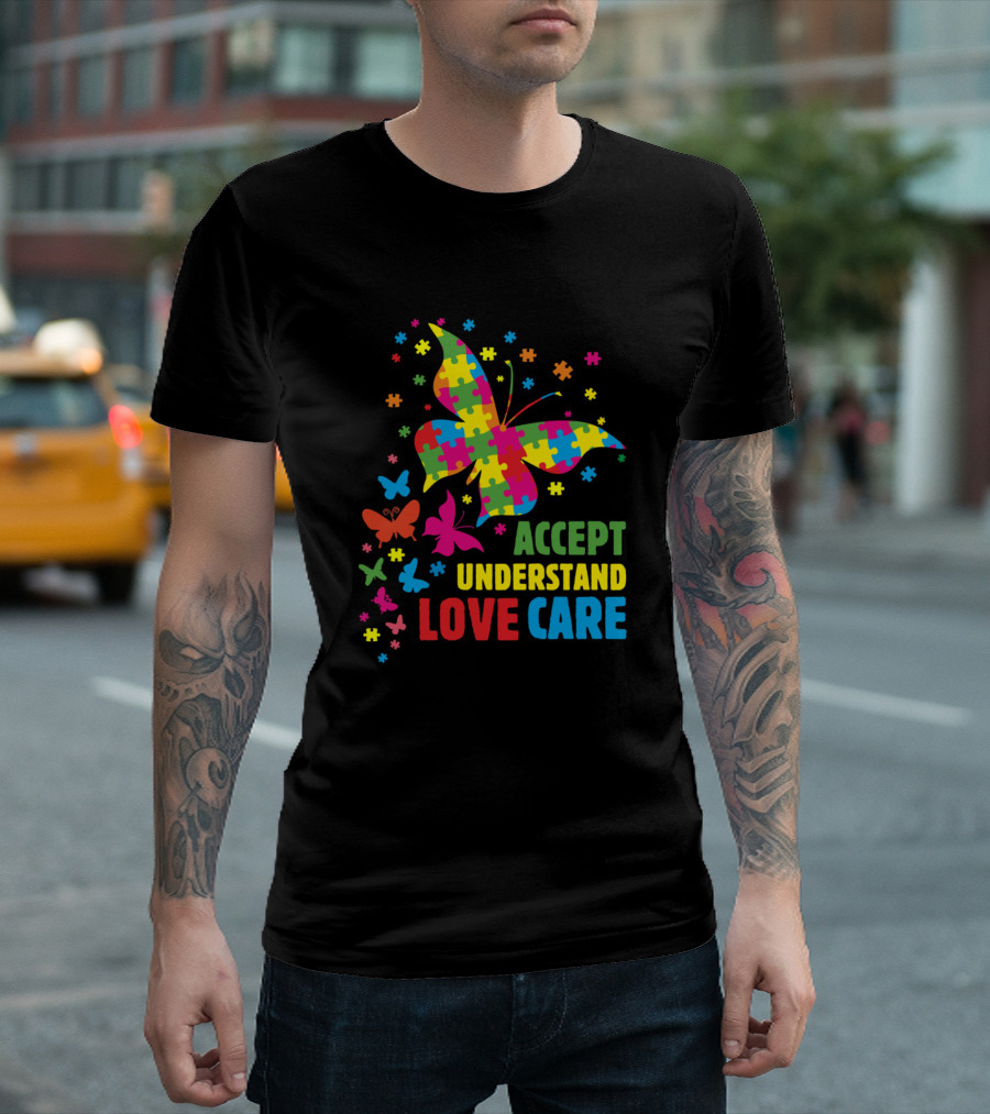 Autism Awareness Butterfly Puzzle Accept Understand Love Care T-Shirt