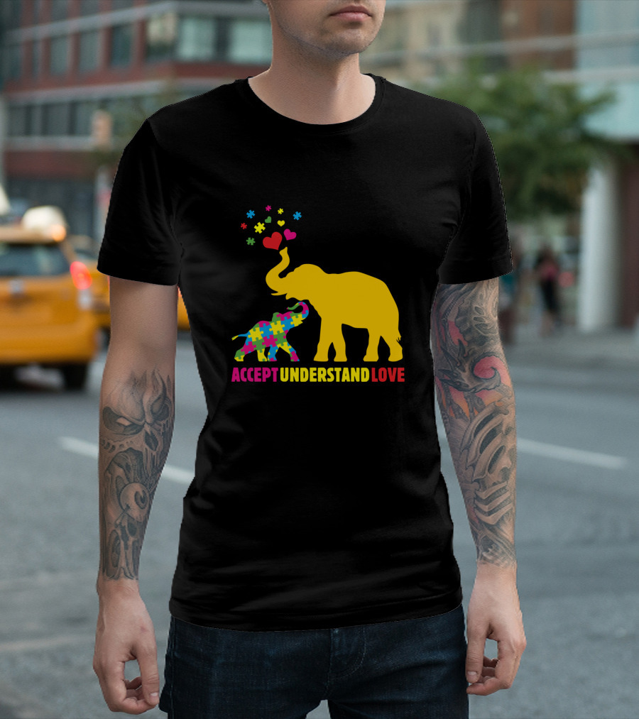 Accept Understand Love Autism Awareness Elephant Puzzle T-Shirt