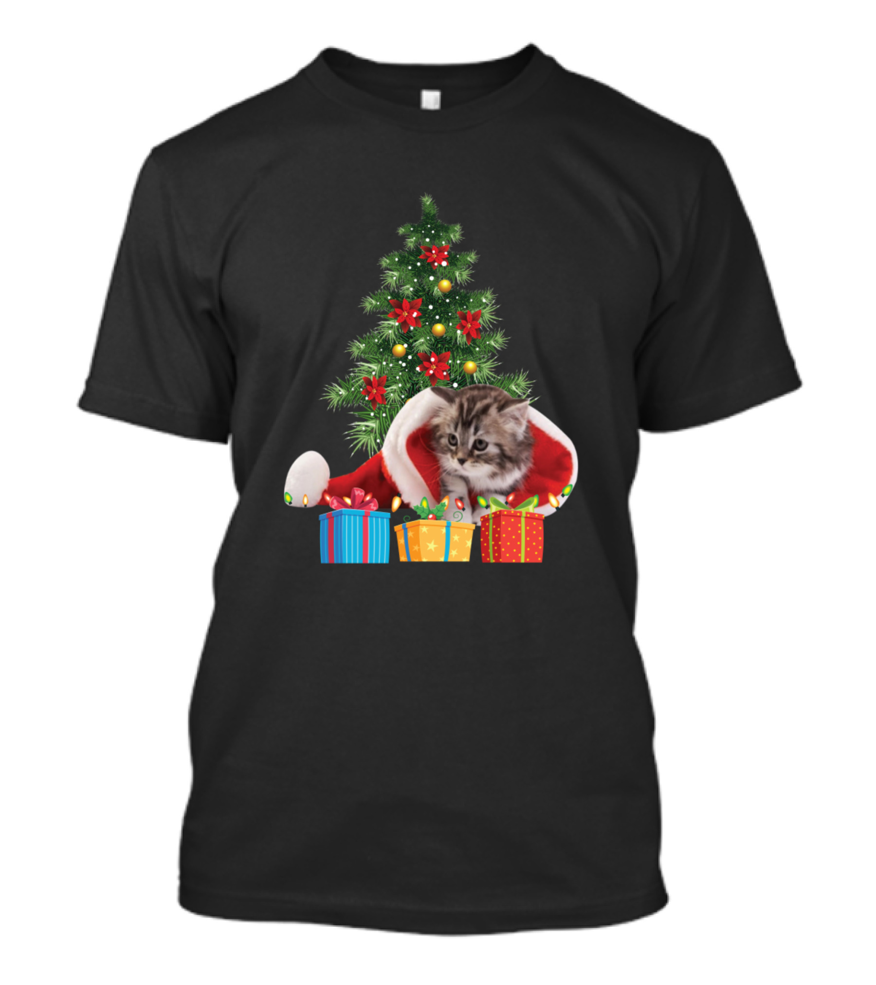 Cat Christmas Tree Kitten In Santa Hat With Presents T-Shirt