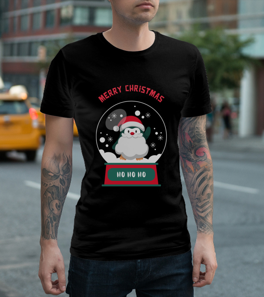 Merry Christmas Ho Ho Ho Santa Penguin Snow Globe T-Shirt