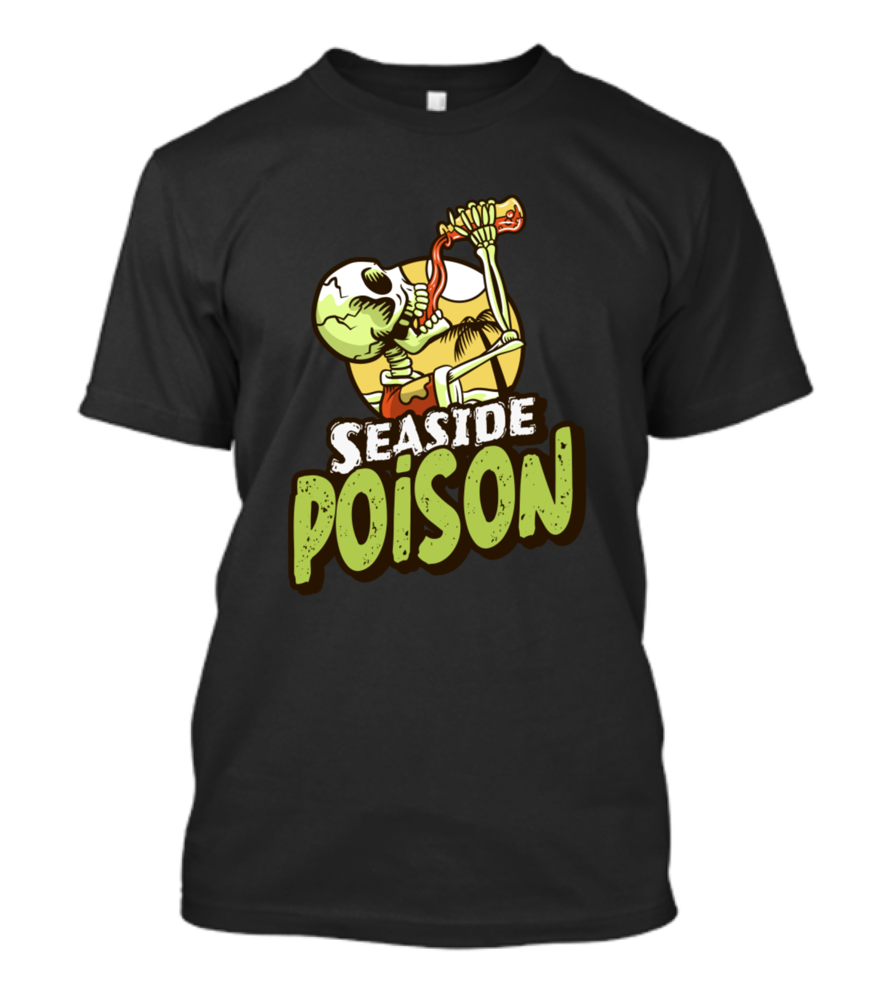 Seaside Poison Skeleton Drinking Potion Sunset Scene T-Shirt