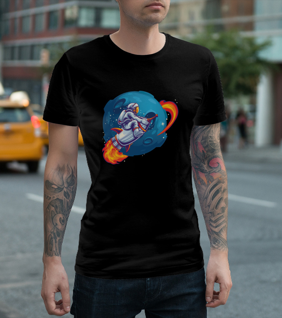 Astronaut Riding Rocket Through Cosmic Space Adventure T-Shirt
