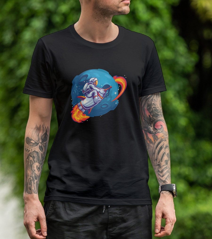 Astronaut Riding Rocket Through Cosmic Space Adventure T-Shirt