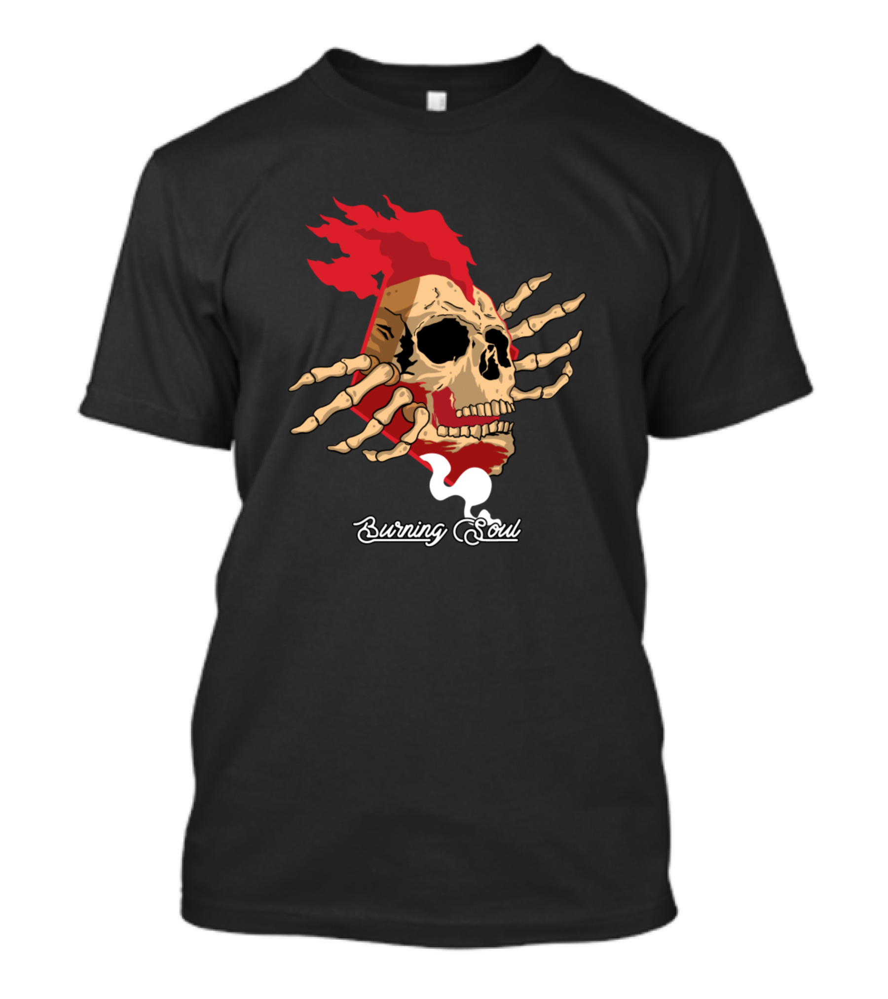 Burning Skull Fiery Flames With Skeleton Hands And Burning Soul Text T-Shirt