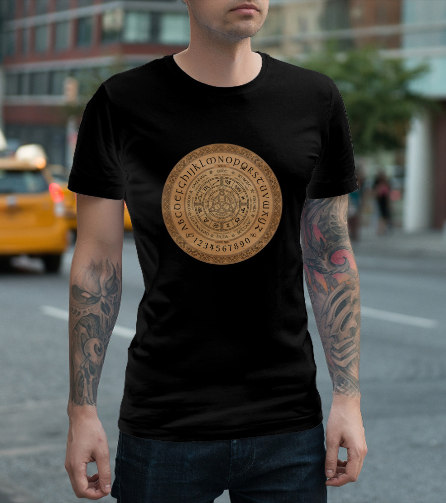Celtic Astrological Zodiac Wheel Wooden Spirit Board With Alphabet And Numbers T-Shirt