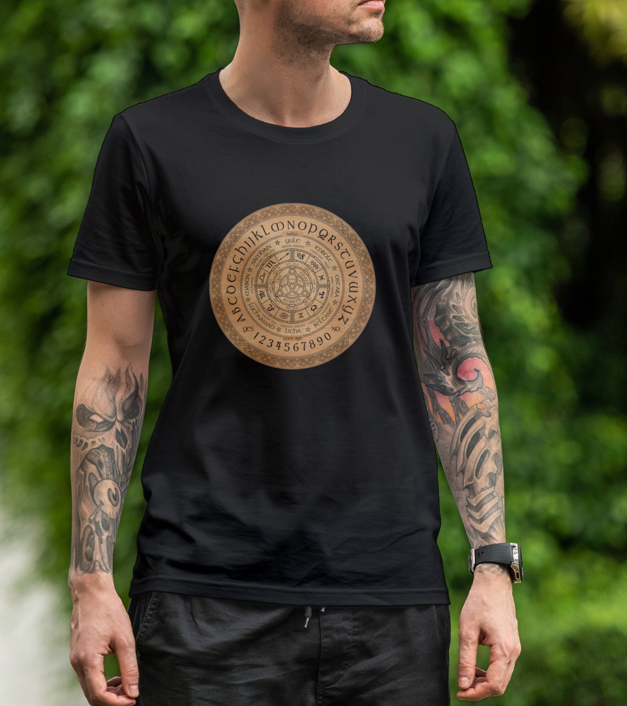 Celtic Astrological Zodiac Wheel Wooden Spirit Board With Alphabet And Numbers T-Shirt