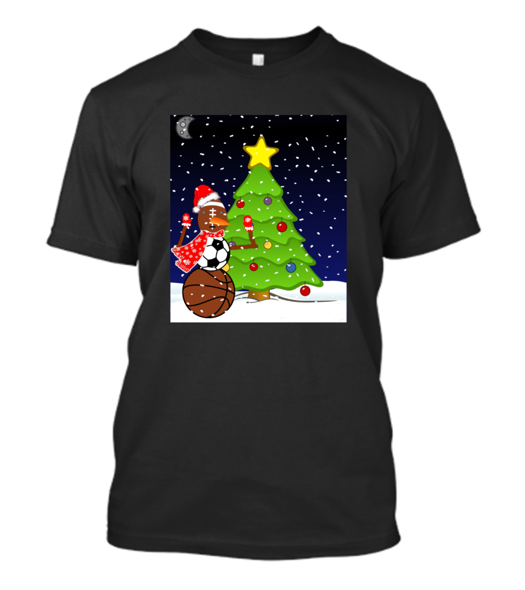 Christmas Snowman With Soccer And Basketball By Tree T-Shirt