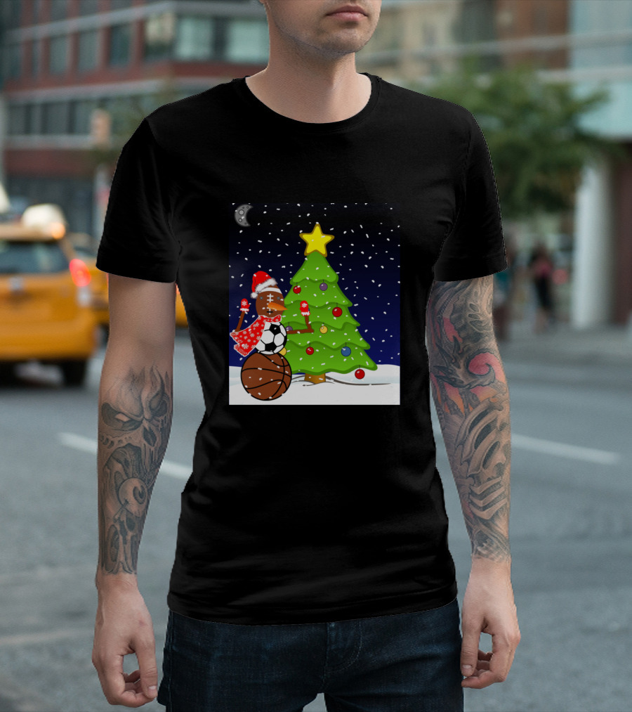 Christmas Snowman With Soccer And Basketball By Tree T-Shirt
