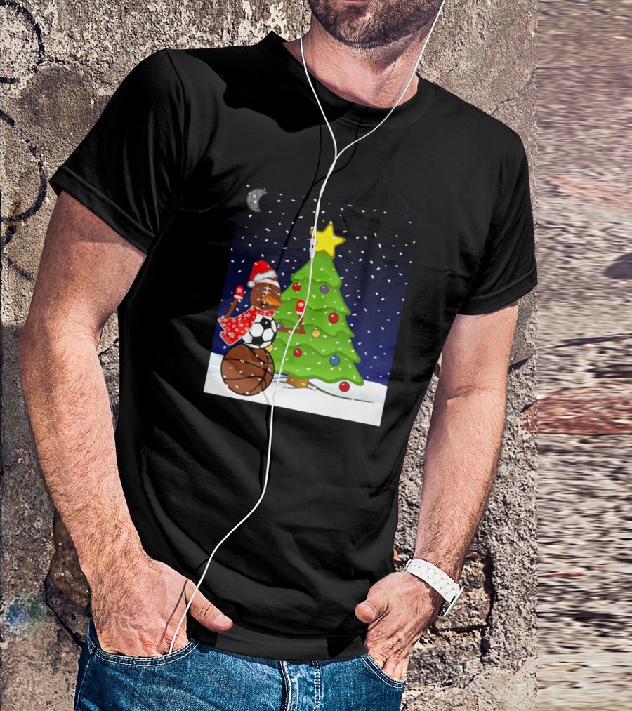 Christmas Snowman With Soccer And Basketball By Tree T-Shirt