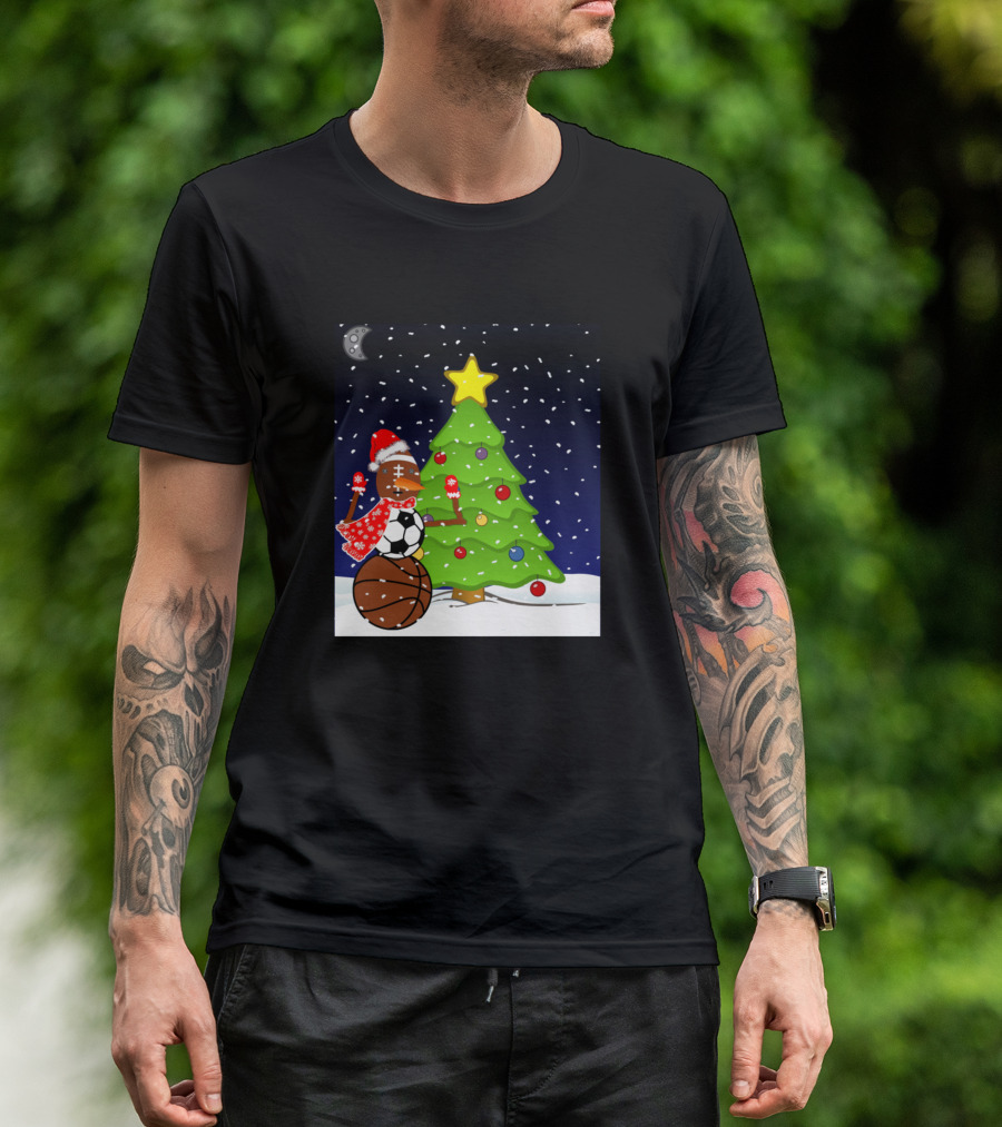 Christmas Snowman With Soccer And Basketball By Tree T-Shirt