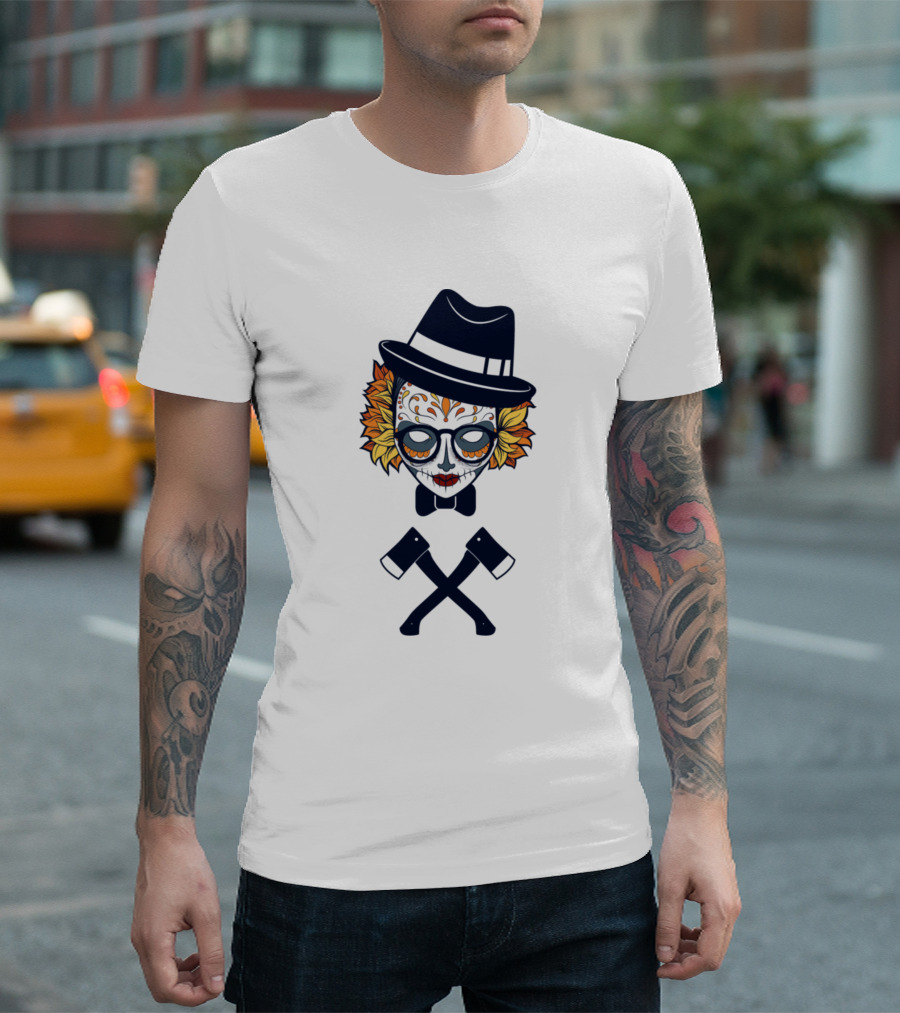 Colorful Flowered Skull With Hat and Crossed Axes Gothic T-Shirt