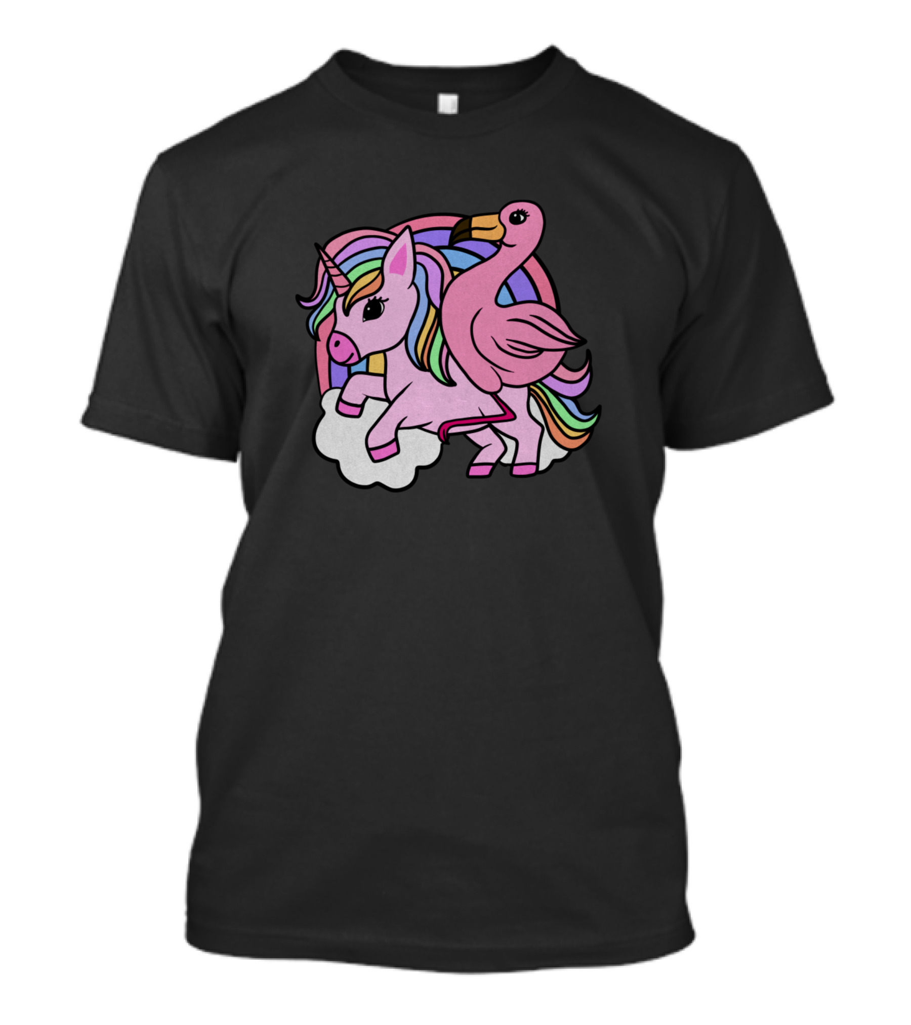 Flamingo Riding Rainbow Unicorn Cloud Fantasy T-Shirt