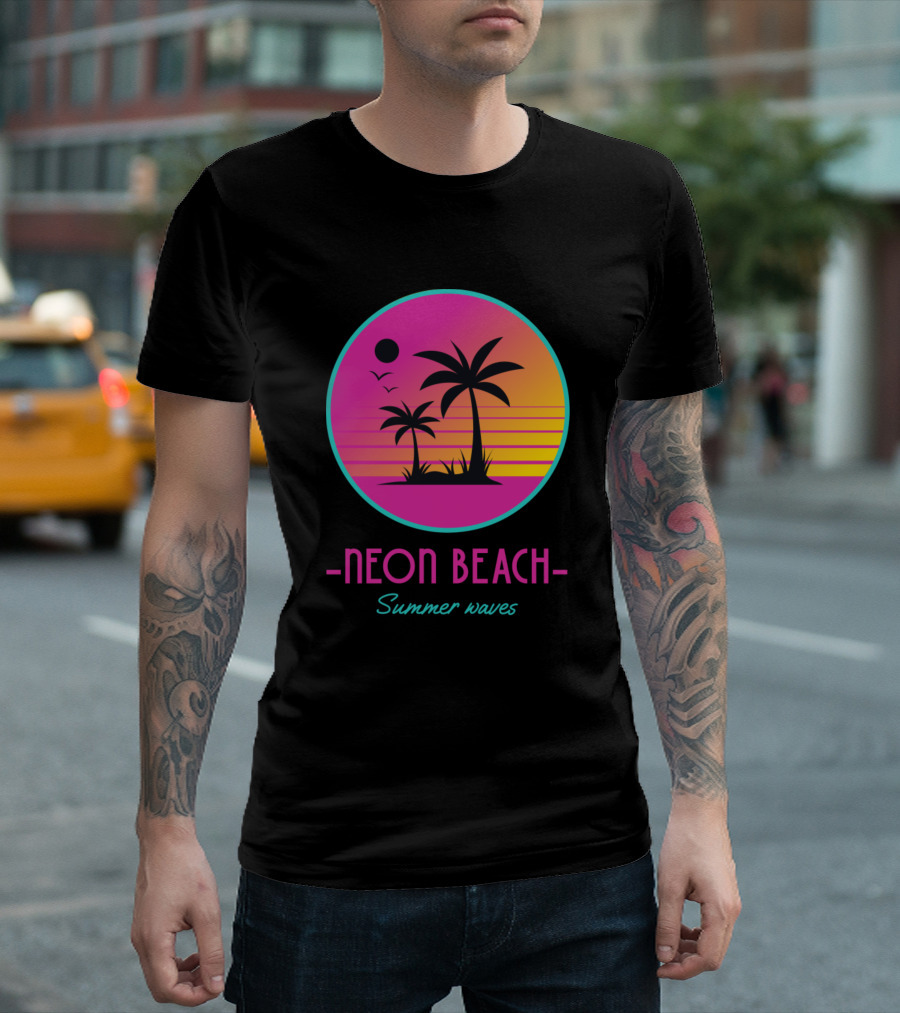 Neon Beach Summer Waves Palm Sunset T-Shirt