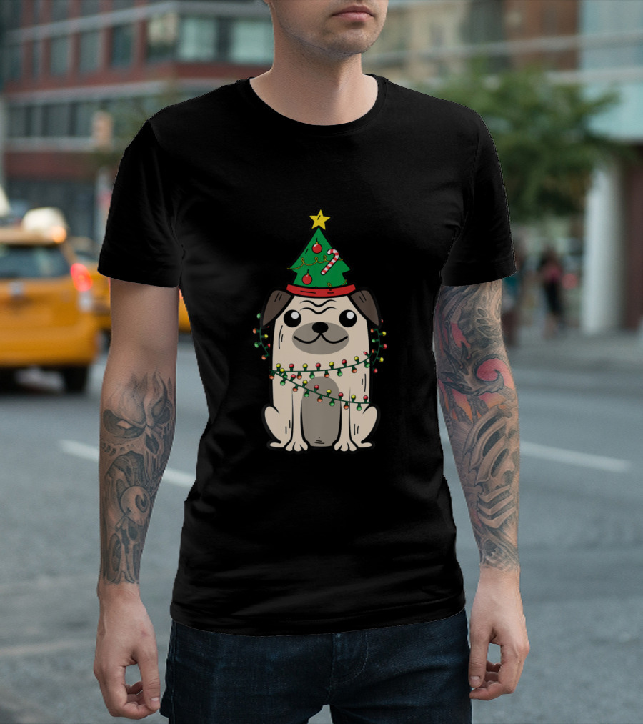 Pug Wrapped in Christmas Lights with Tree Hat Yuletide Puppy Fan T-Shirt