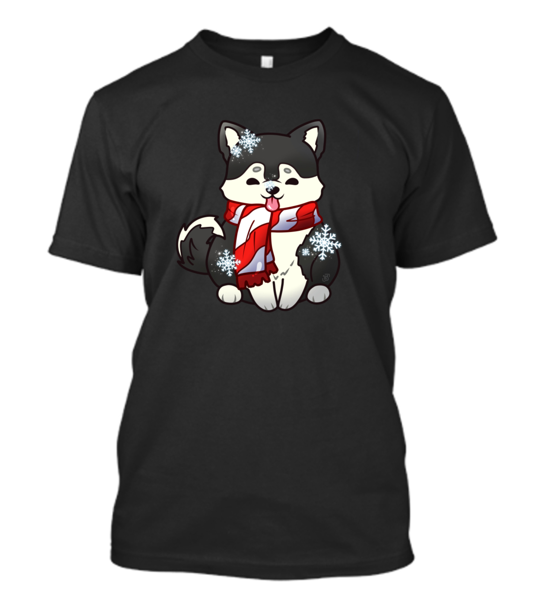 Snowflake Husky Pup With Red Scarf And Snowflakes T-Shirt