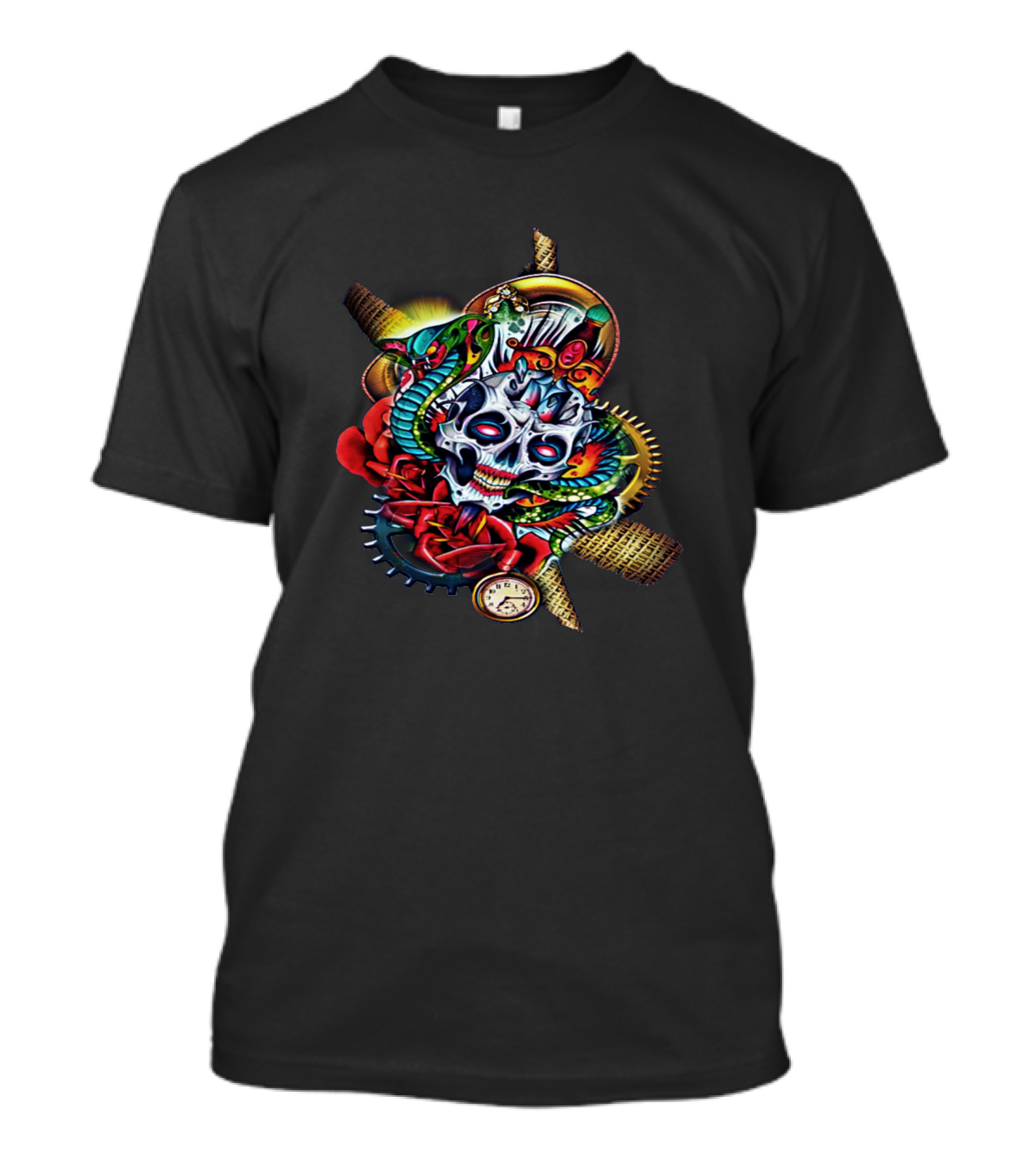 Steamskull Roses And Serpent With Steampunk Gears And Clockwork Elements T-Shirt