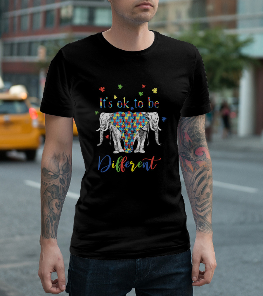 It's Ok To Be Different Autism Puzzle Piece Elephants T-Shirt