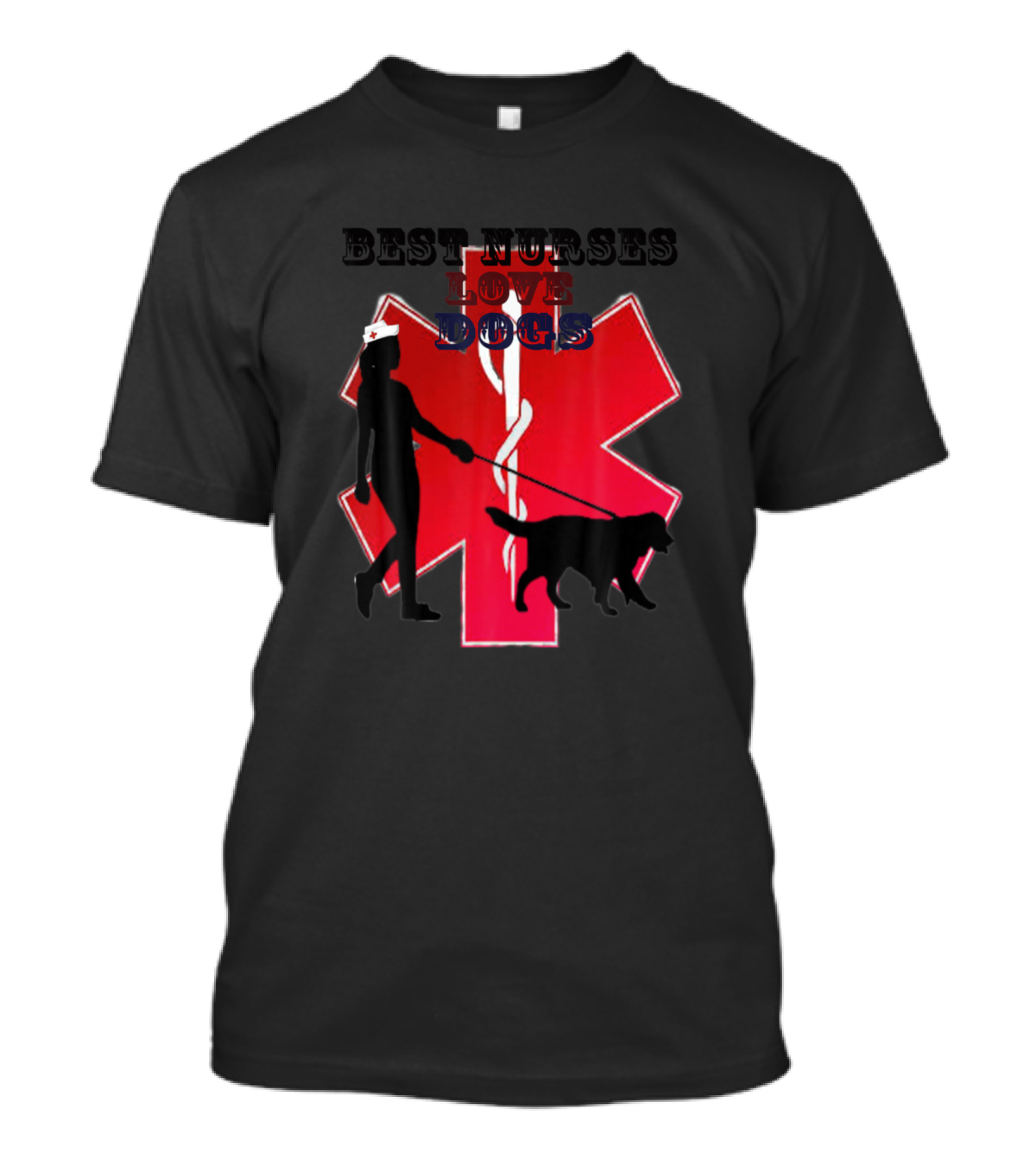 Best Nurses Love Dogs Silhouette With Red Medical Star Background T-Shirt