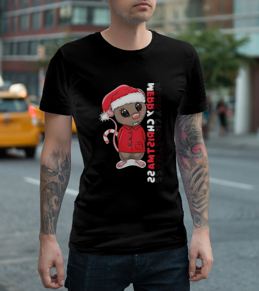Merry Christmas Cute Rat with Santa Hat and Candy Cane Tail T-Shirt