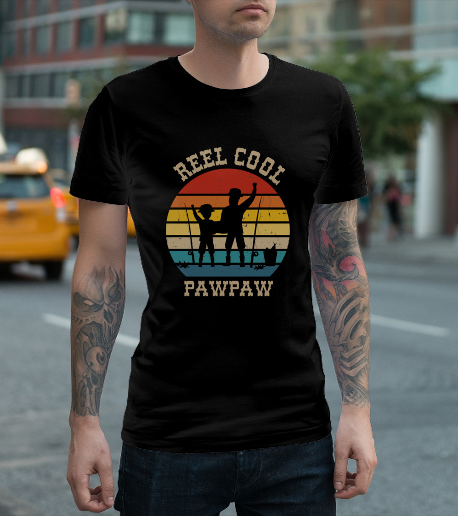 Reel Cool Pawpaw Vintage Fishing Silhouette Retro Stripes T-Shirt