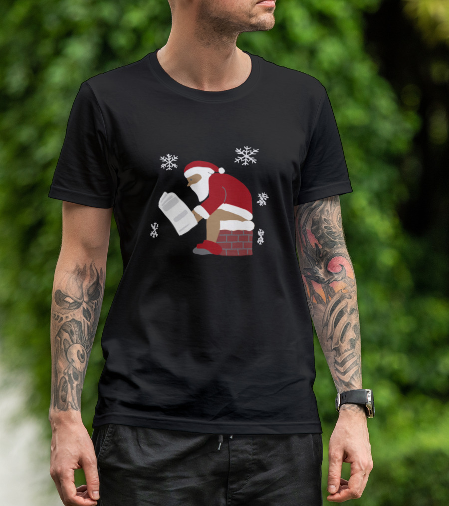 Santa's Christmas Present Sitting In Chimney With Snowflakes T-Shirt