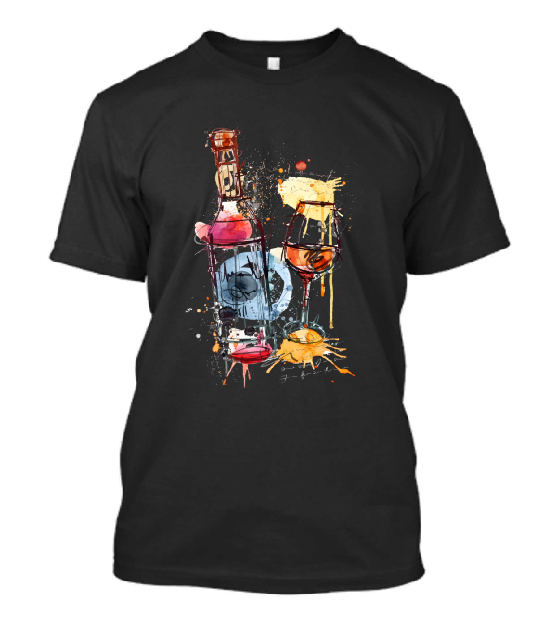 Watercolor Illustrations Of Wine Glass And Bottle With Abstract Splashes T-Shirt