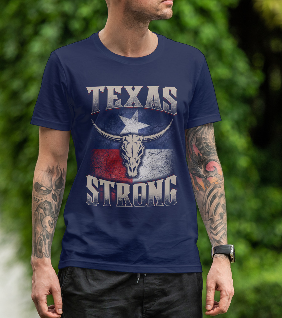 Texas Strong Longhorn Skull With Texas Flag T-Shirt