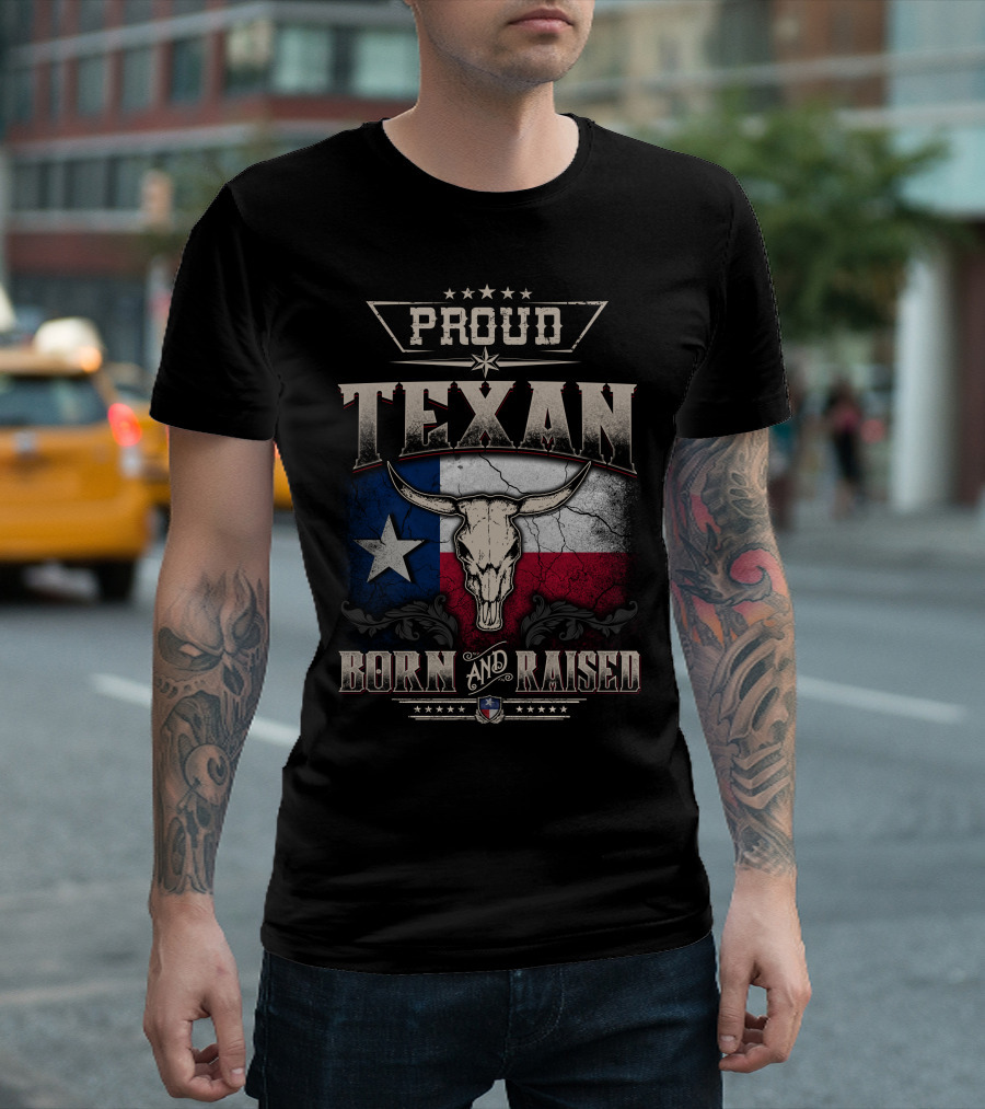 Proud Texan Born And Raised Texas Flag Longhorn Skull T-Shirt