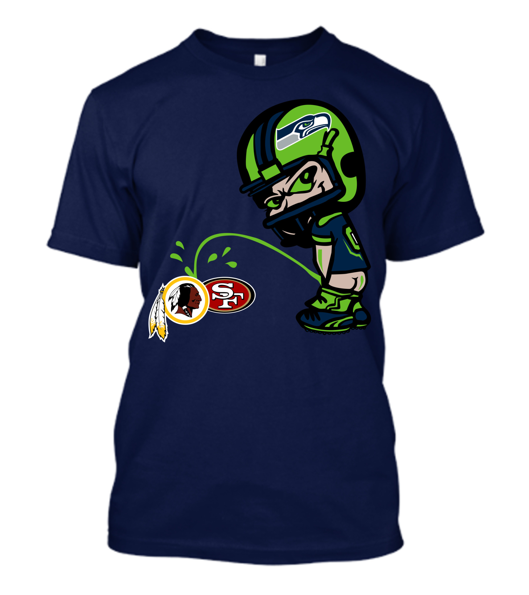 Seattle Seahawks Rivalry Cartoon With San Francisco 49ers And Washington Logos T-Shirt