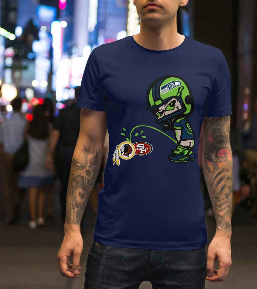 Seattle Seahawks Rivalry Cartoon With San Francisco 49ers And Washington Logos T-Shirt