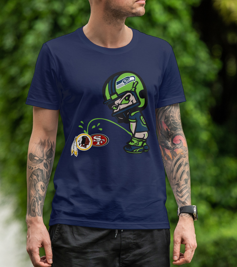Seattle Seahawks Rivalry Cartoon With San Francisco 49ers And Washington Logos T-Shirt