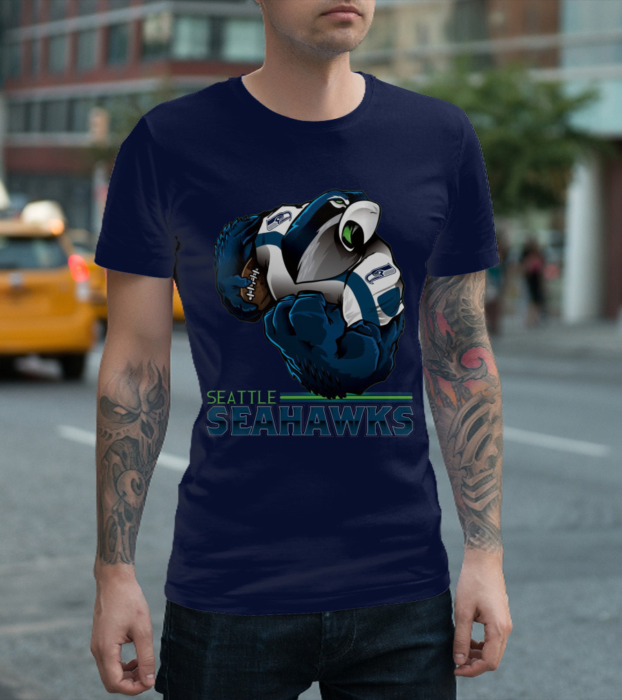 Seattle Seahawks Powerful Mascot With Football Iconic Team Spirit T-Shirt