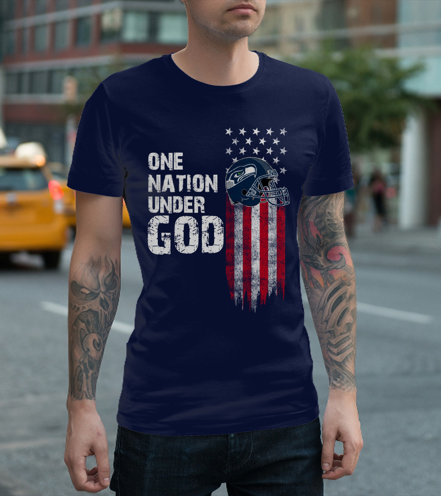 One Nation Under God Seattle Seahawks Flag Helmet Stars Stripes T-Shirt