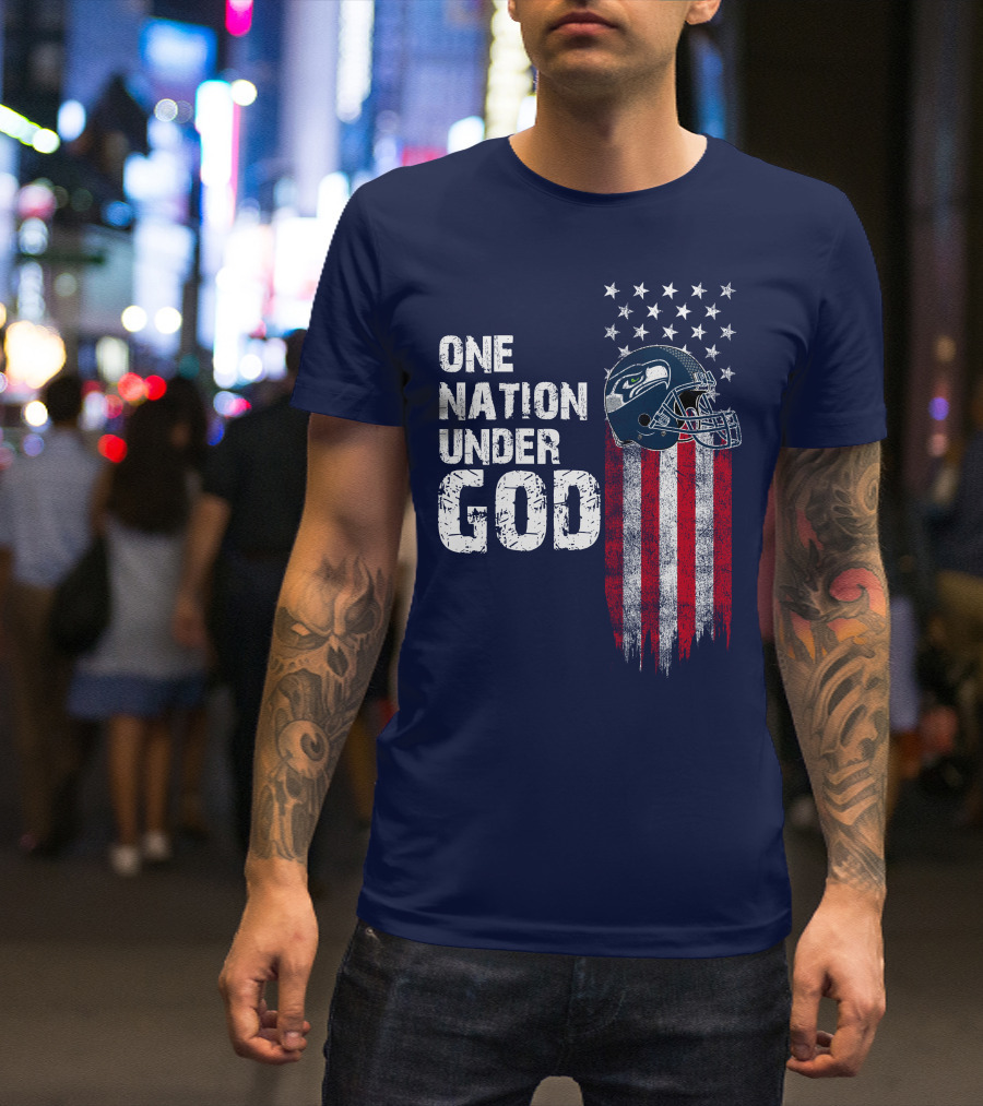 One Nation Under God Seattle Seahawks Flag Helmet Stars Stripes T-Shirt