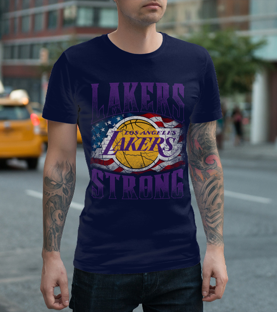 Los Angeles Lakers Strong American Flag Basketball T-Shirt