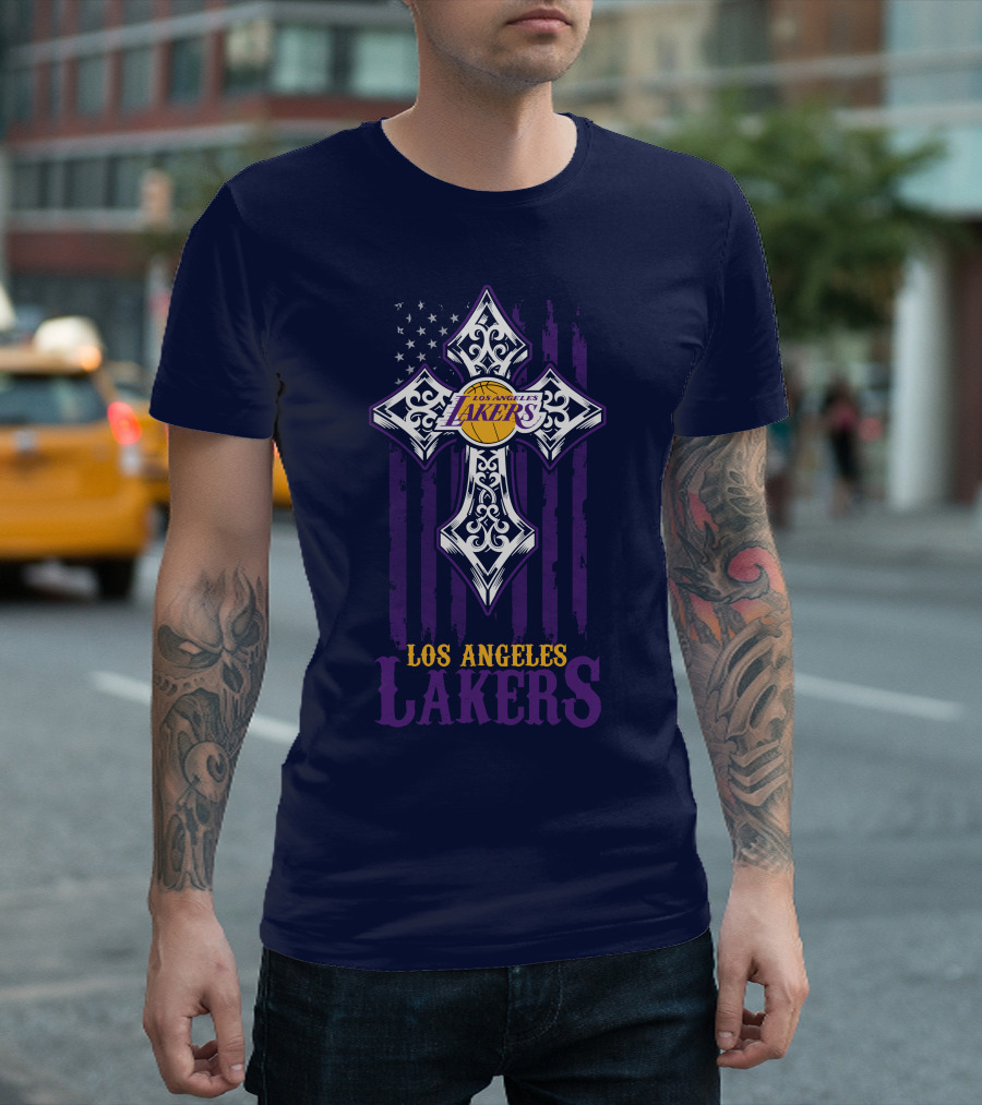 Los Angeles Lakers Cross American Flag T-Shirt