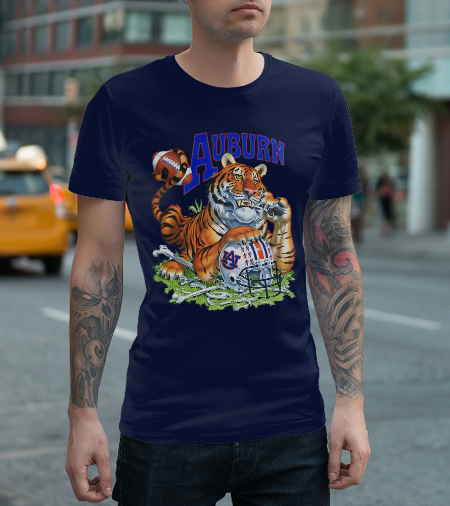 Auburn Tigers Football Tiger Holding Helmet with Bones and Football T-Shirt