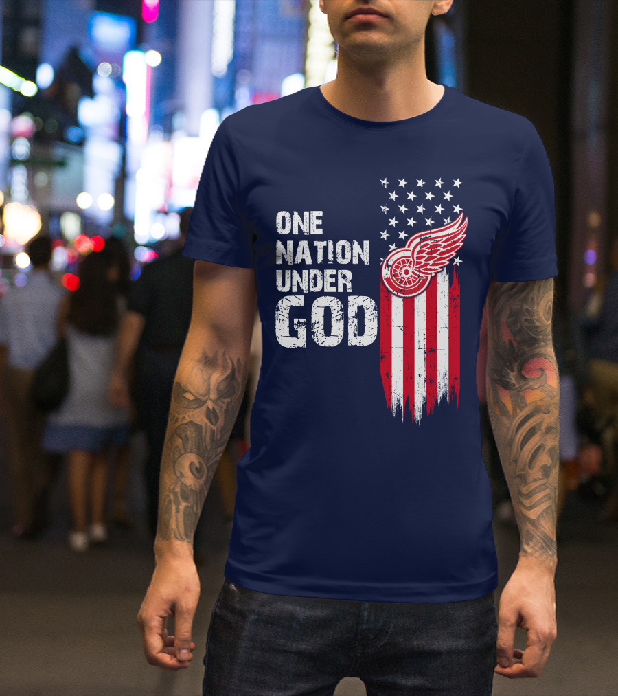 One Nation Under God Detroit Redwings American Flag Stars And Stripes T-Shirt